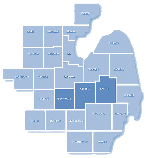 Map of Mid-Michigan highlighting the counties of Genesee, Lapeer and Shiawassee